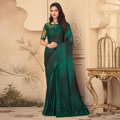 Bottle green Floral Sequins Embroidered Art Silk Saree