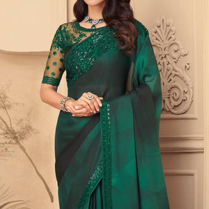 Bottle green Floral Sequins Embroidered Art Silk Saree