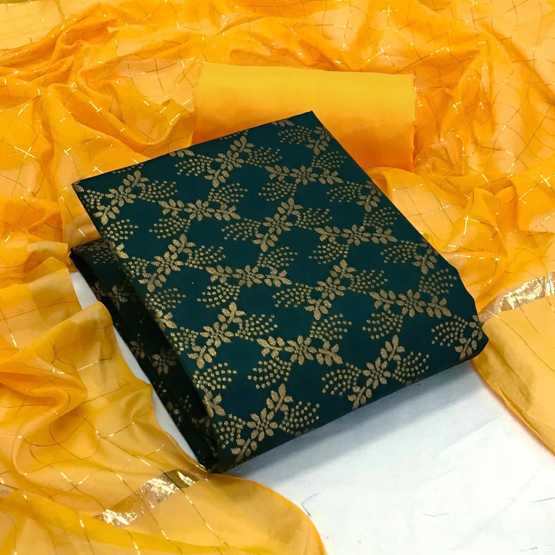 Bottle Green Floral Woven Banarasi Silk Dress Material