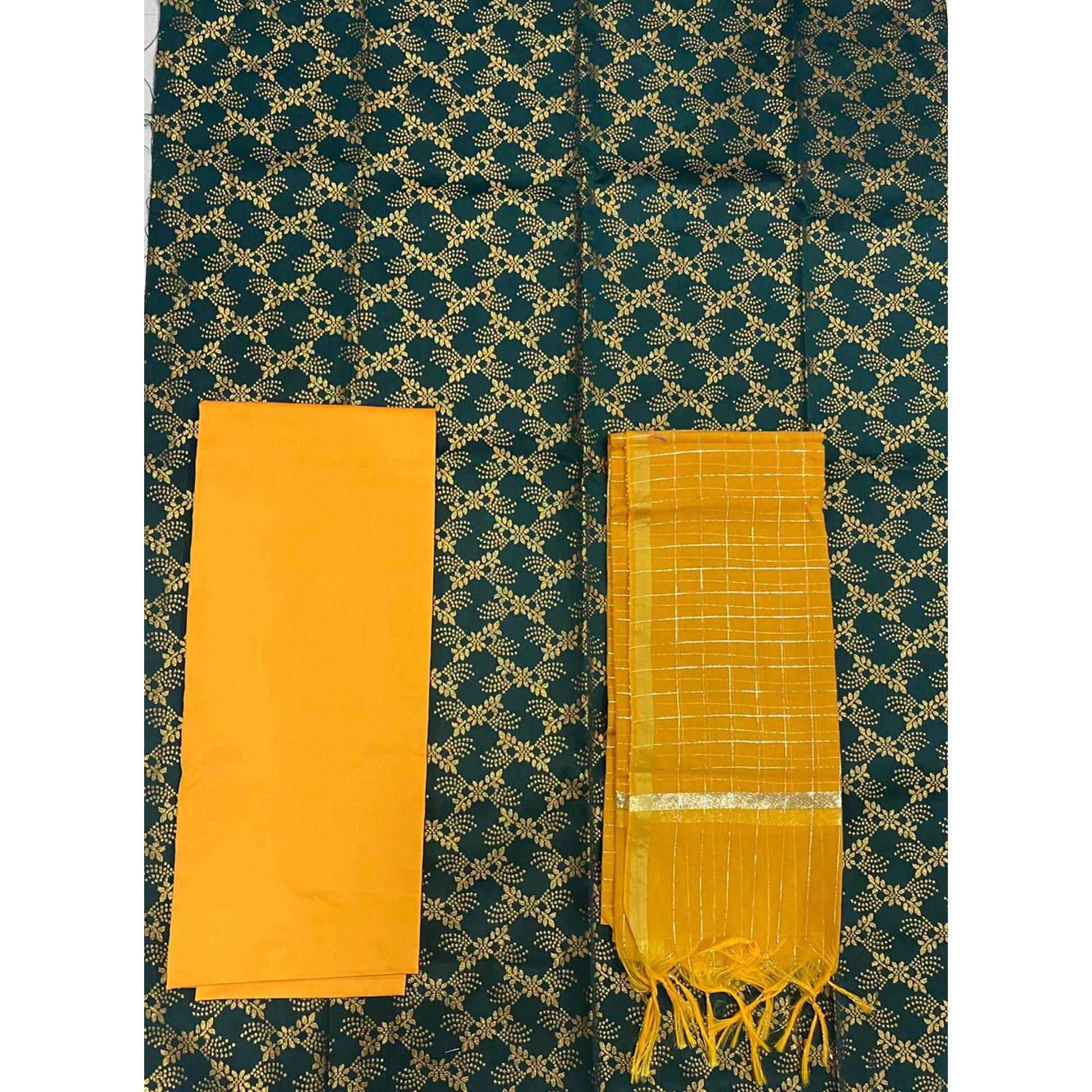 Bottle Green Floral Woven Banarasi Silk Dress Material