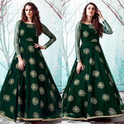 Bottle Green Foil Printed Netted Gown