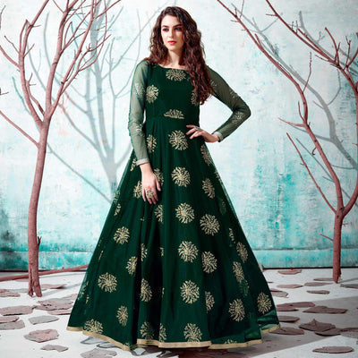 Bottle Green Foil Printed Netted Gown
