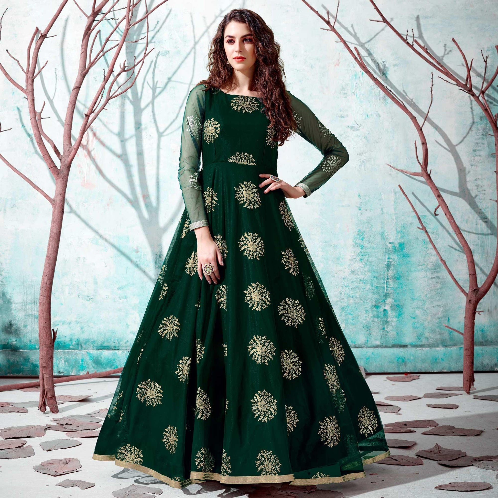 Bottle Green Foil Printed Netted Gown