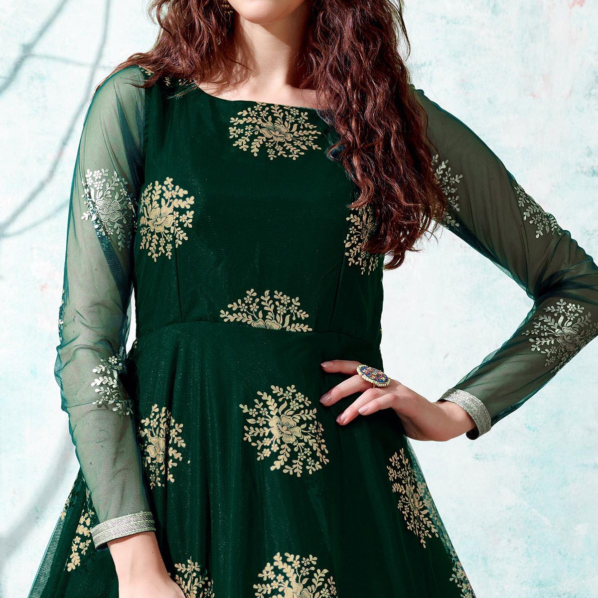 Bottle Green Foil Printed Netted Gown