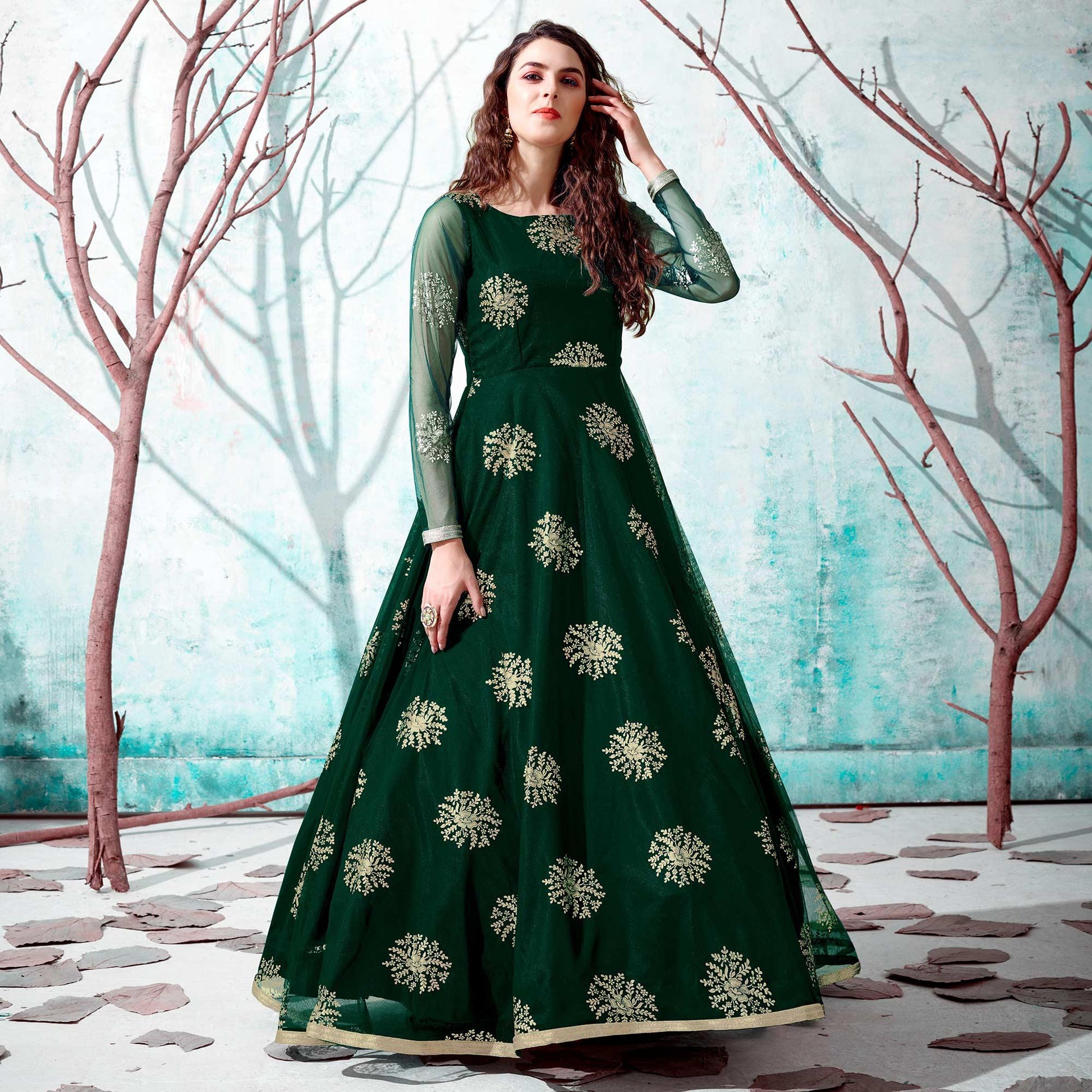 Bottle Green Foil Printed Netted Gown