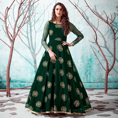 Bottle Green Foil Printed Netted Gown