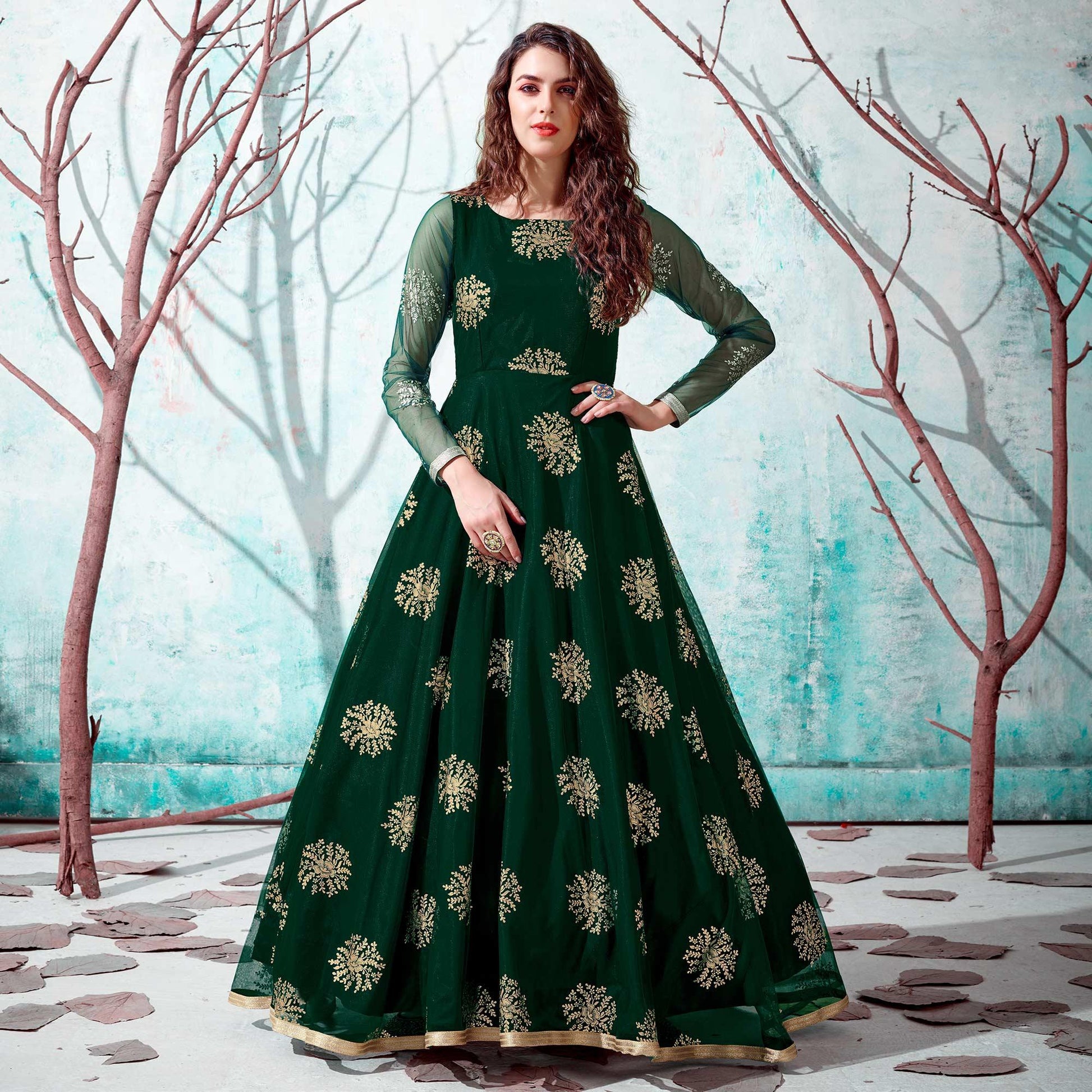 Bottle Green Foil Printed Netted Gown
