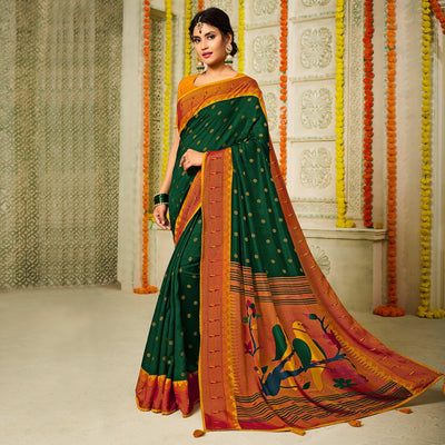 Bottle Green Geometric Printed Brasso Saree With Tassels