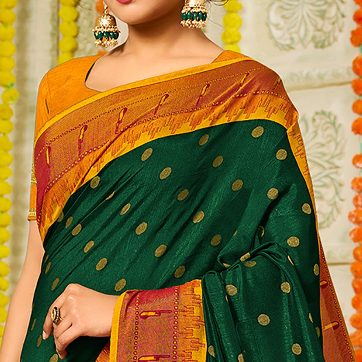 Bottle Green Geometric Printed Brasso Saree With Tassels