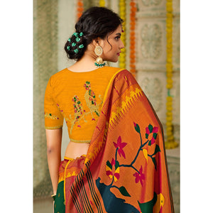 Bottle Green Geometric Printed Brasso Saree With Tassels