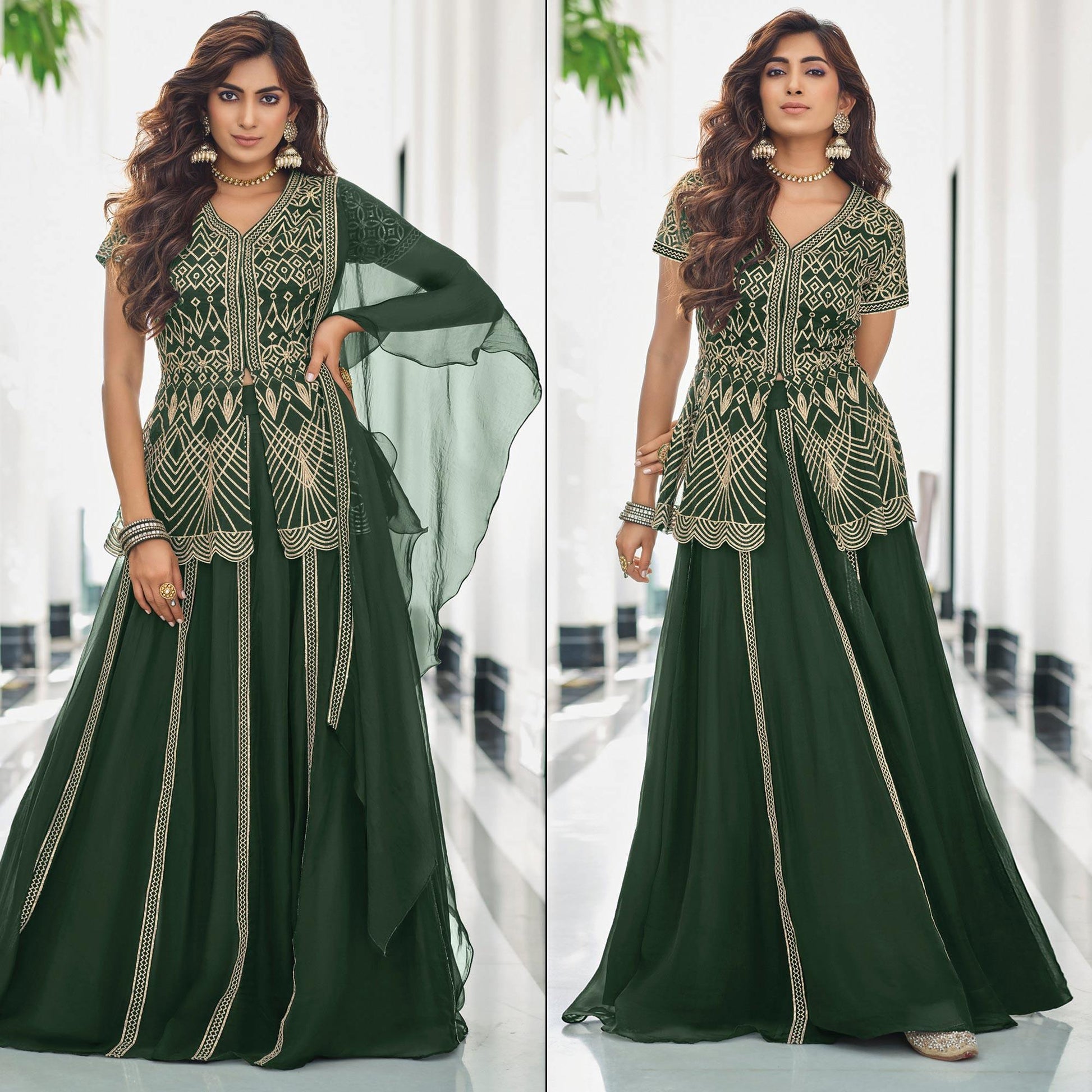 Bottle Green Gota Work Georgette Lehenga