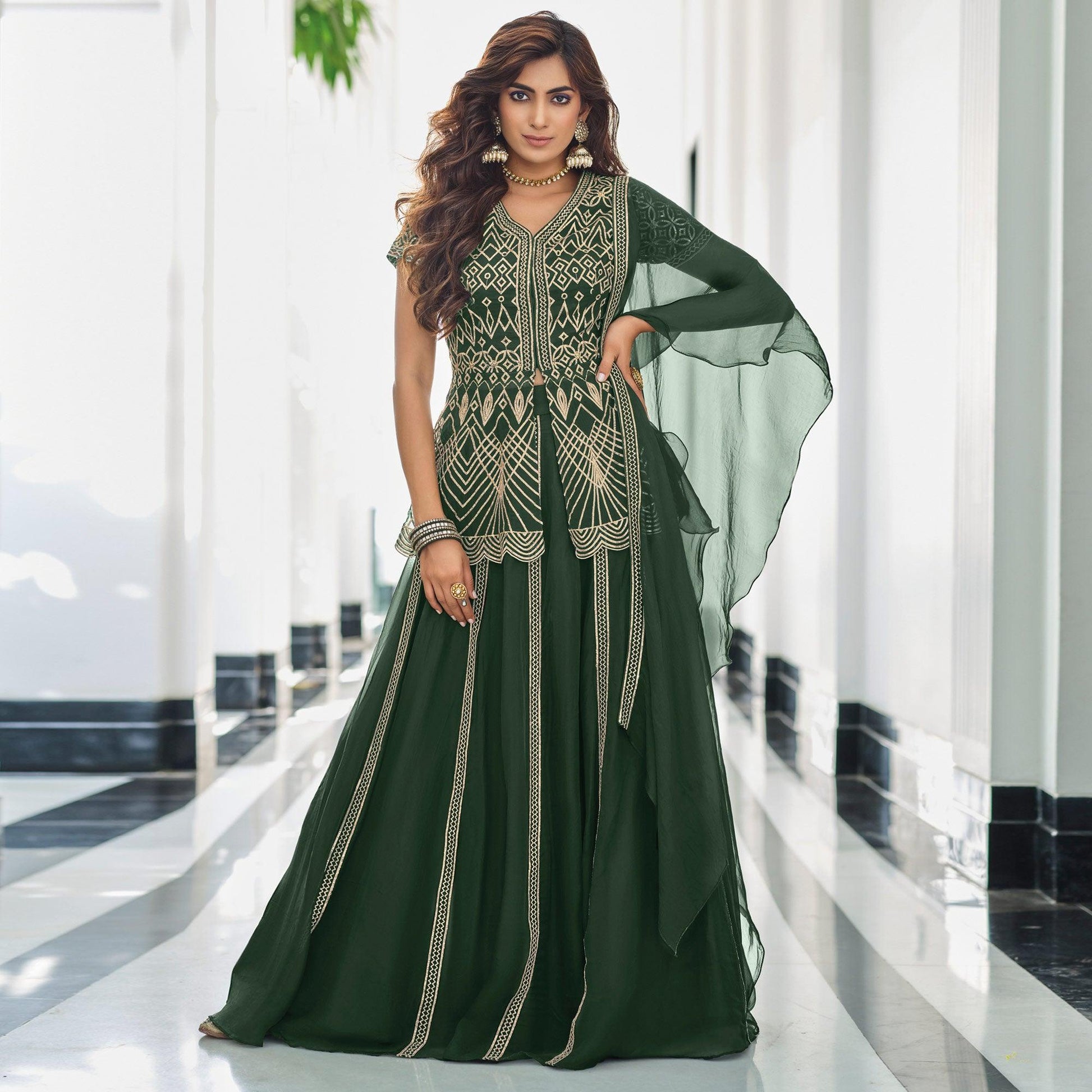 Bottle Green Gota Work Georgette Lehenga