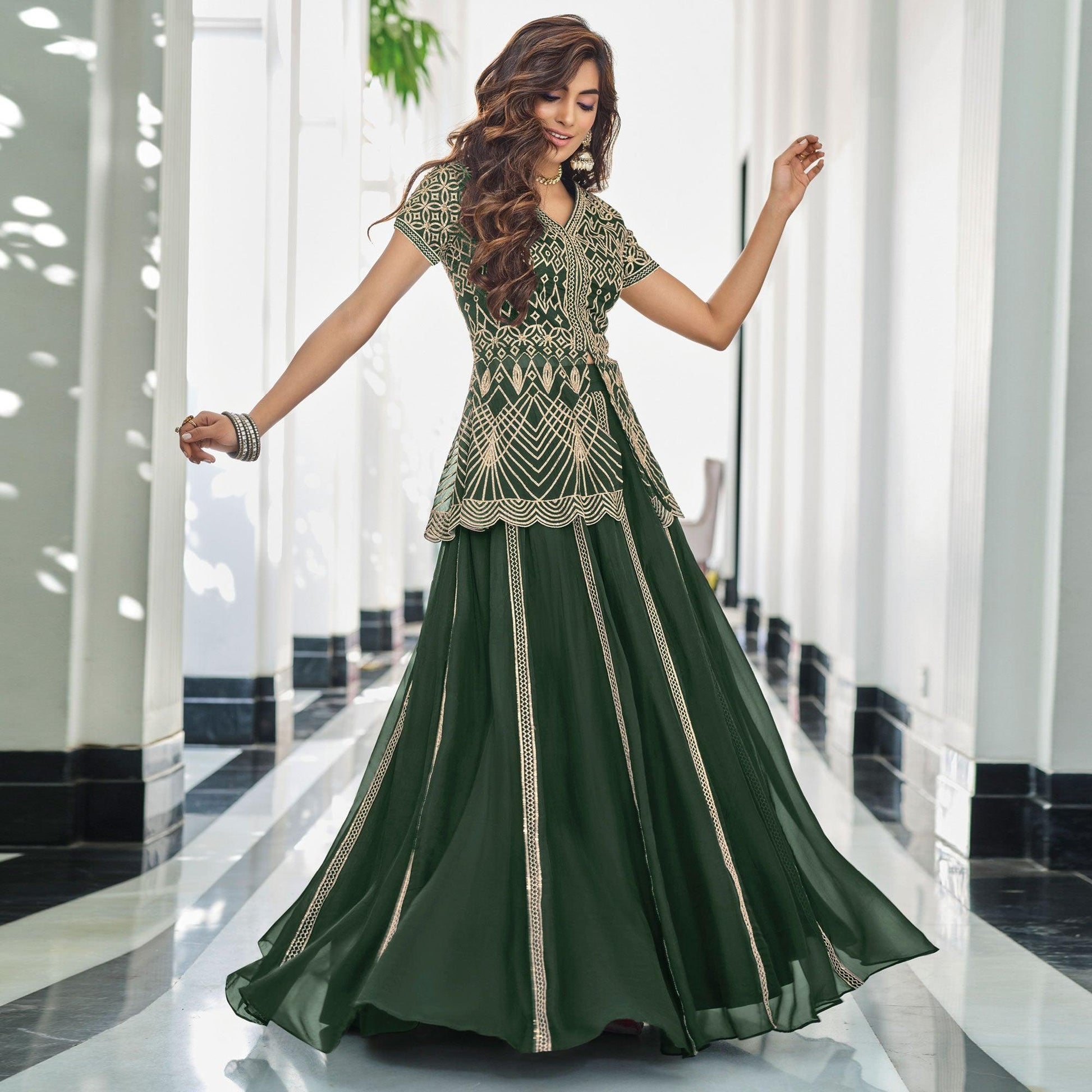 Bottle Green Gota Work Georgette Lehenga