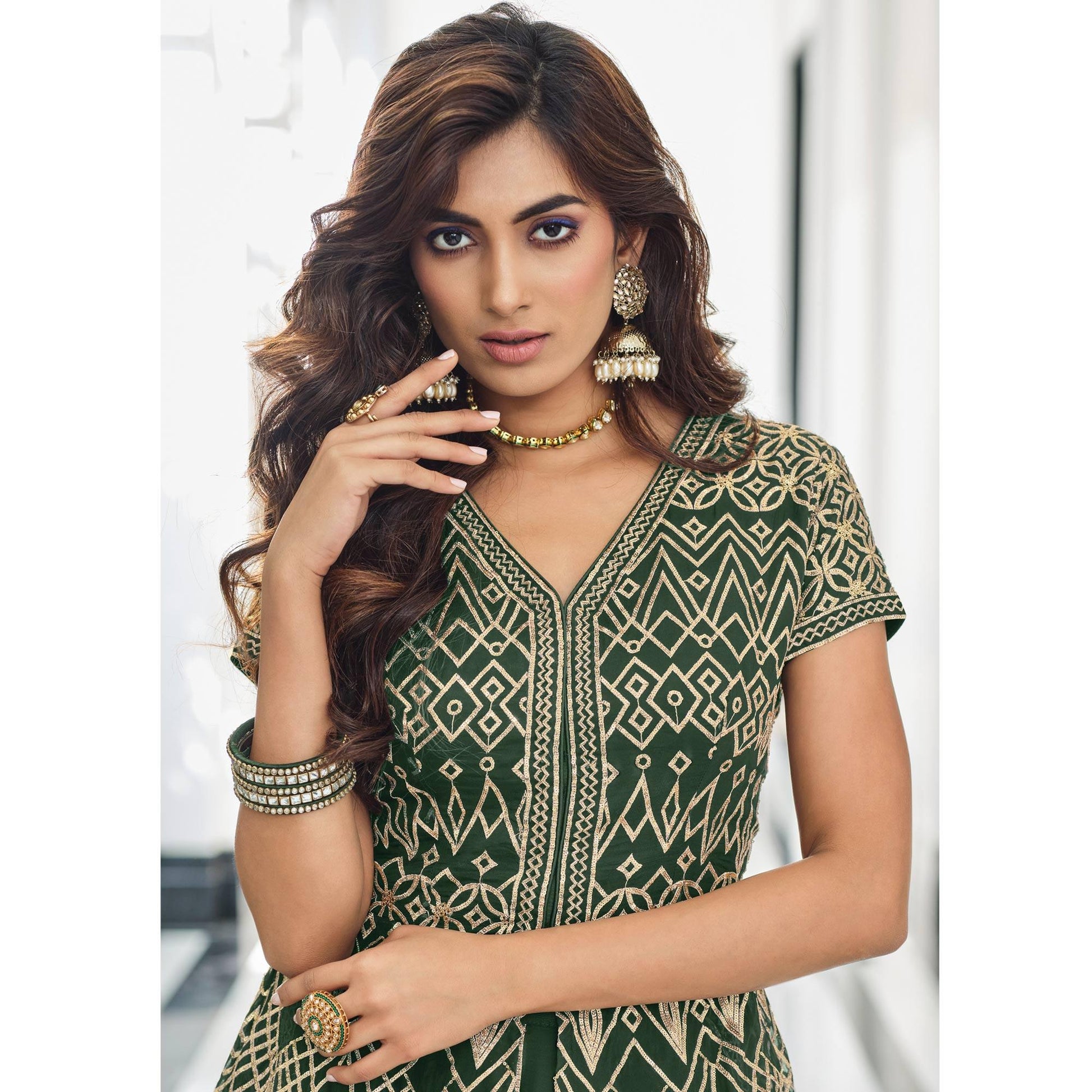 Bottle Green Gota Work Georgette Lehenga