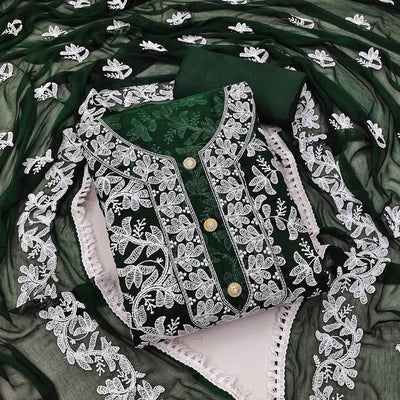 Bottle Green Lucknowi Embroidered Modal Dress Material