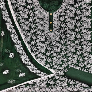 Bottle Green Lucknowi Embroidered Modal Dress Material