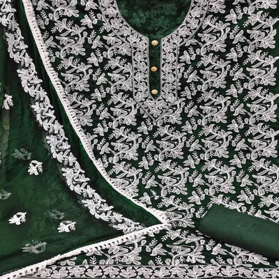 Bottle Green Lucknowi Embroidered Modal Dress Material