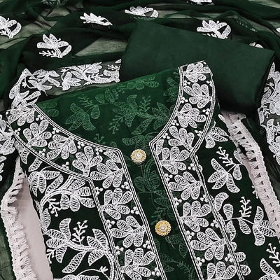 Bottle Green Lucknowi Embroidered Modal Dress Material