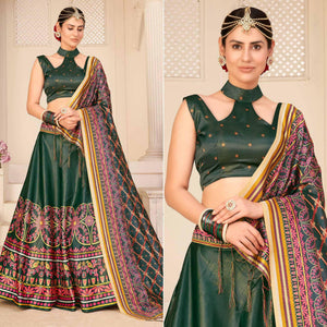 Bottle Green Party Wear Digital Printed Silk Lehenga Choli