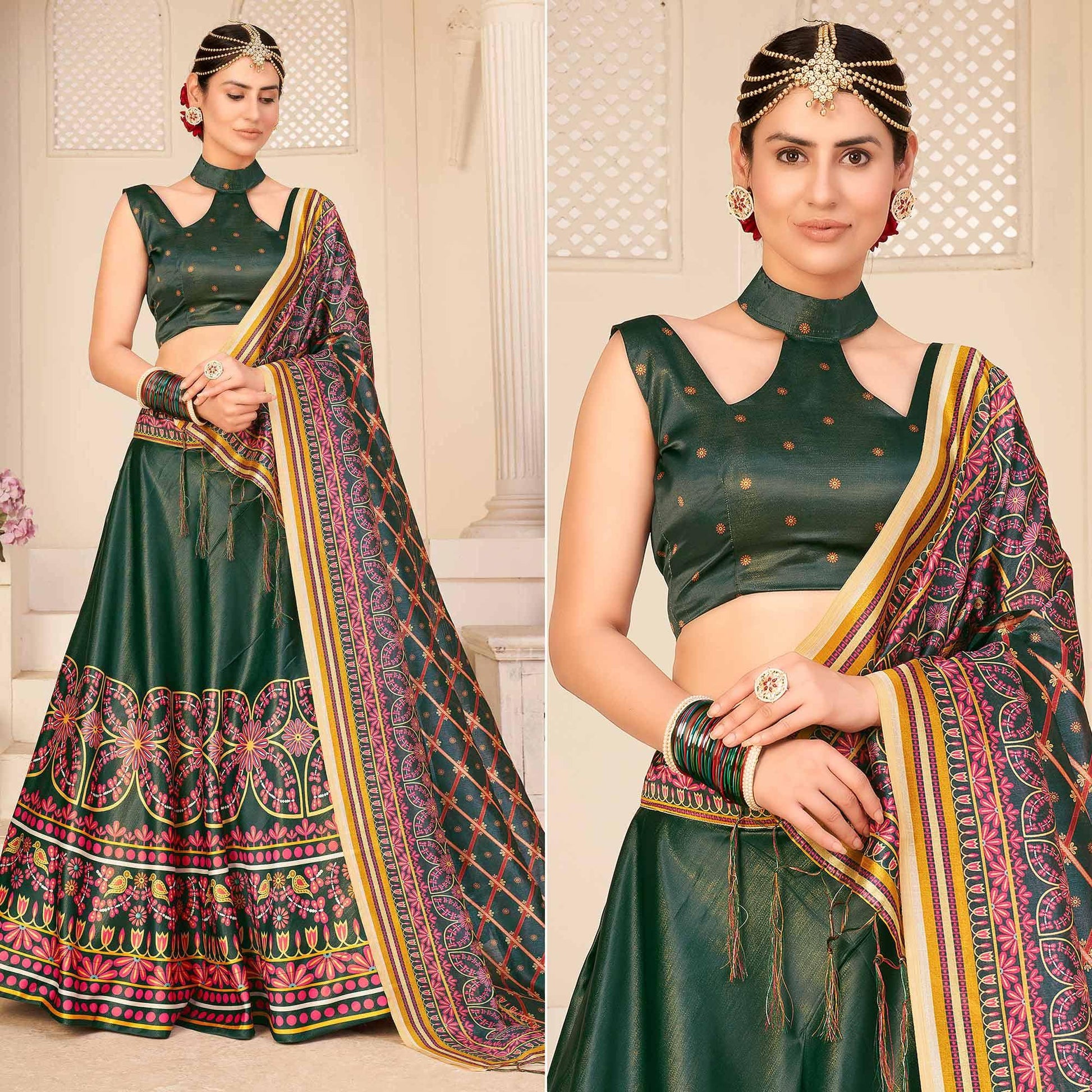 Bottle Green Party Wear Digital Printed Silk Lehenga Choli