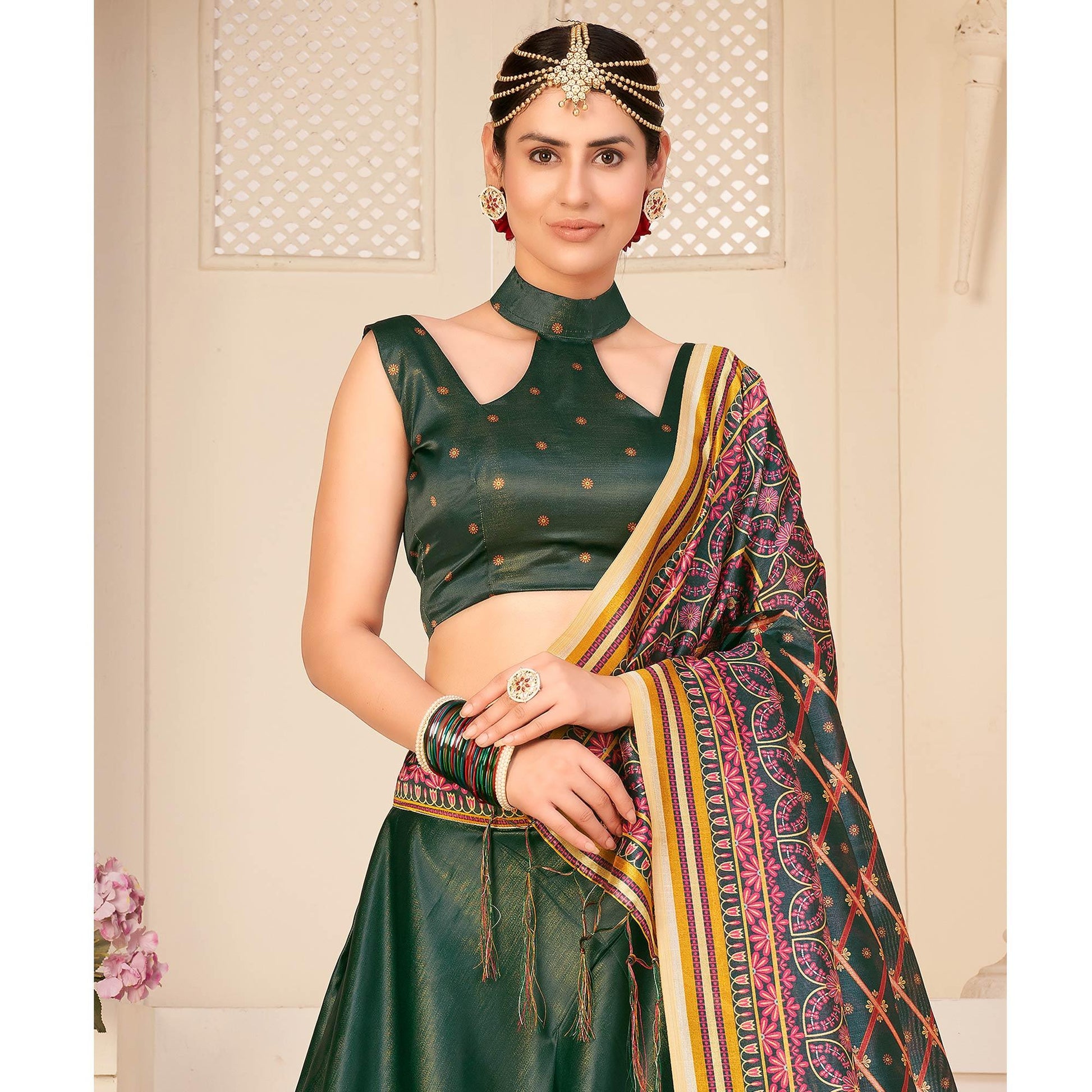 Bottle Green Party Wear Digital Printed Silk Lehenga Choli