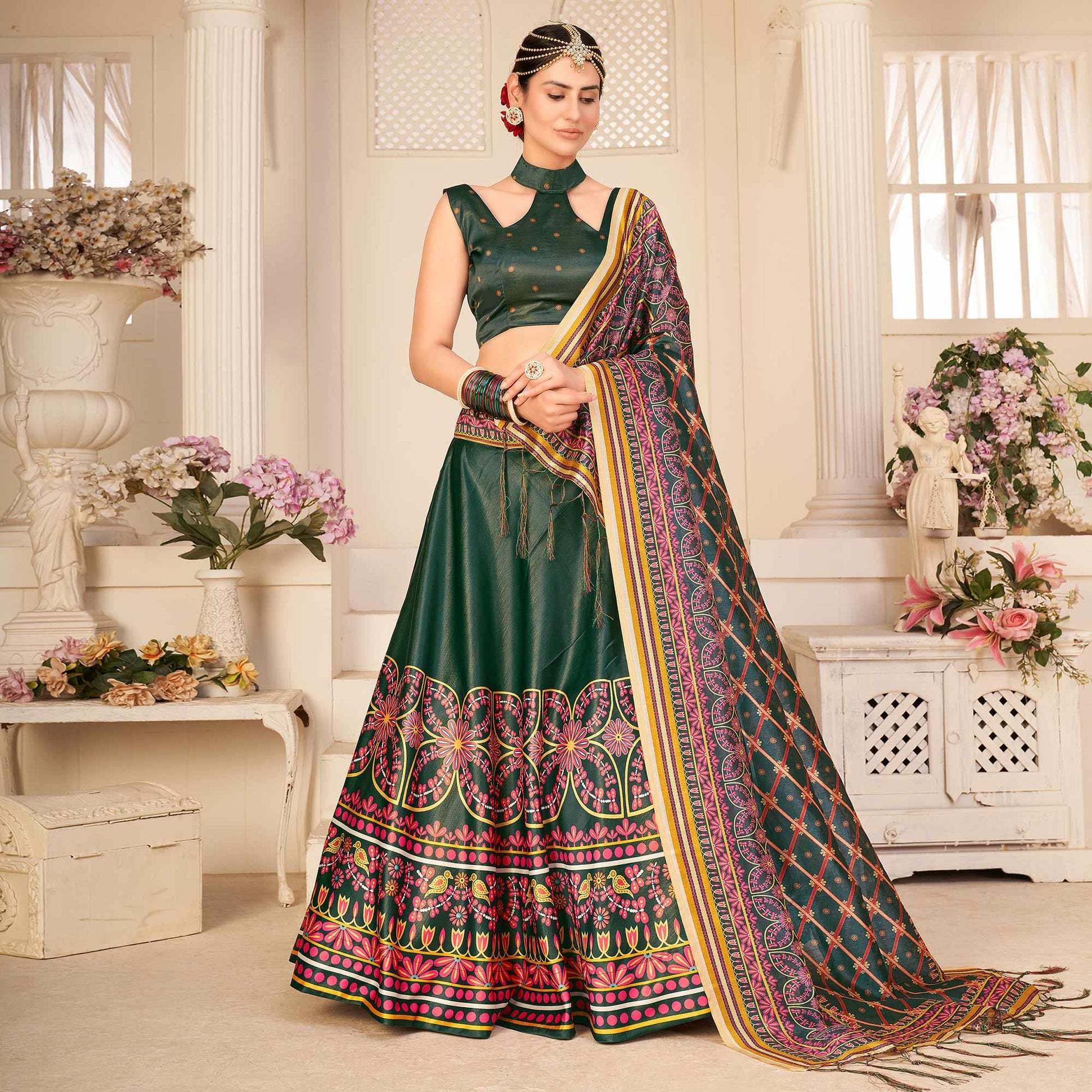 Bottle Green Party Wear Digital Printed Silk Lehenga Choli