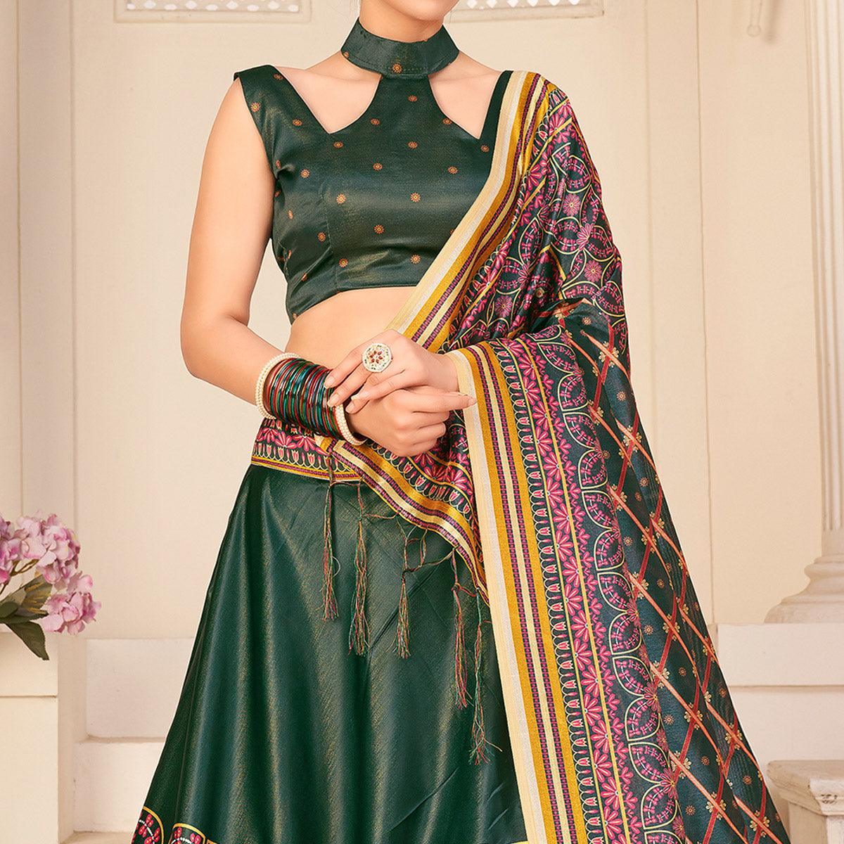 Bottle Green Party Wear Digital Printed Silk Lehenga Choli