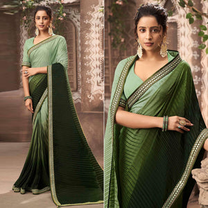 Bottle Green Partywear Crushed Chiffon Saree with Fancy Lace