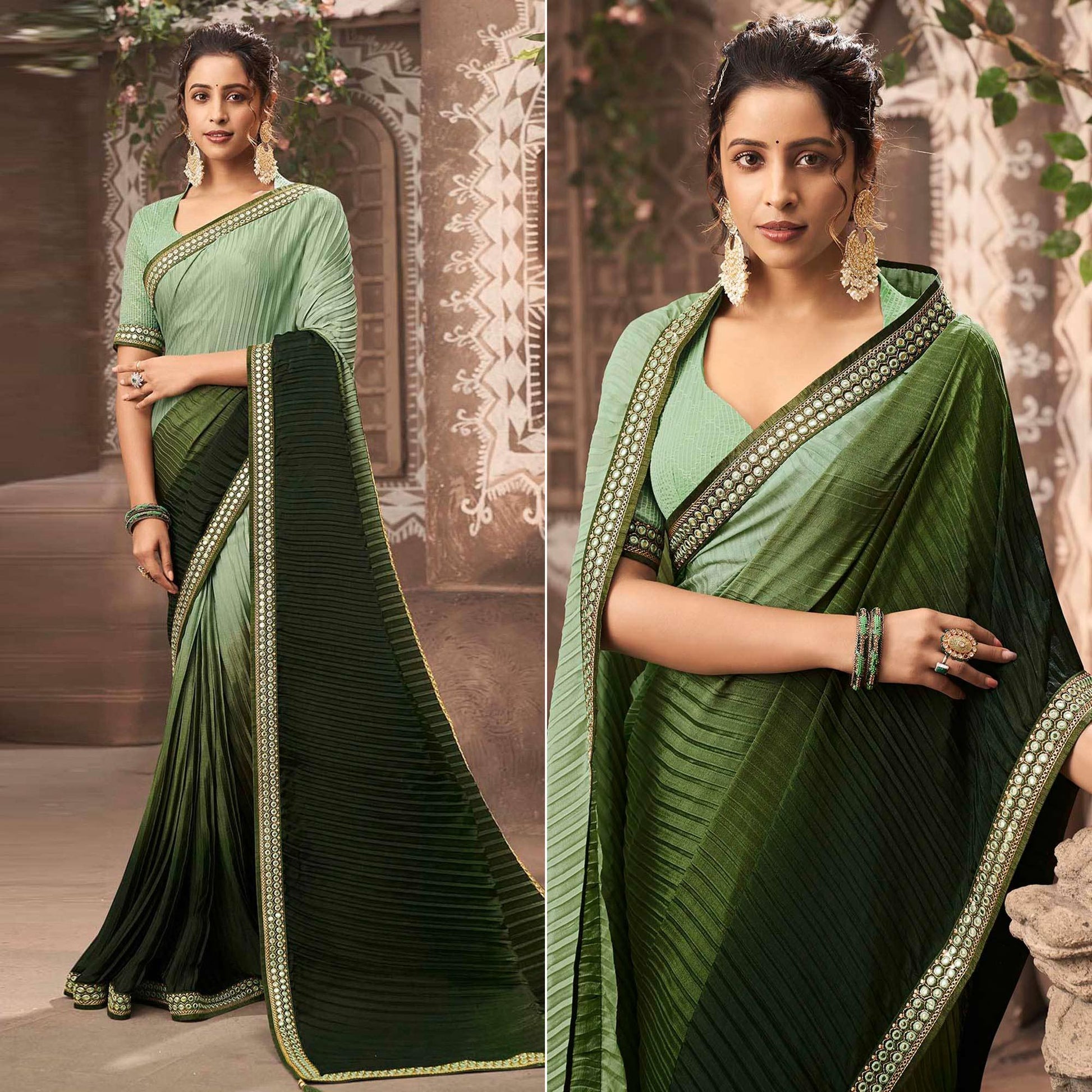 Bottle Green Partywear Crushed Chiffon Saree with Fancy Lace