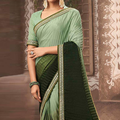 Bottle Green Partywear Crushed Chiffon Saree with Fancy Lace