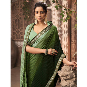 Bottle Green Partywear Crushed Chiffon Saree with Fancy Lace