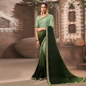 Bottle Green Partywear Crushed Chiffon Saree with Fancy Lace