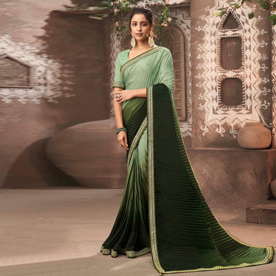 Bottle Green Partywear Crushed Chiffon Saree with Fancy Lace