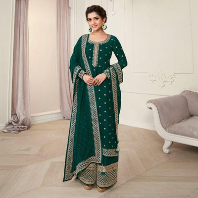 Bottle Green Partywear Embroidered Georgette Palazzo Suit