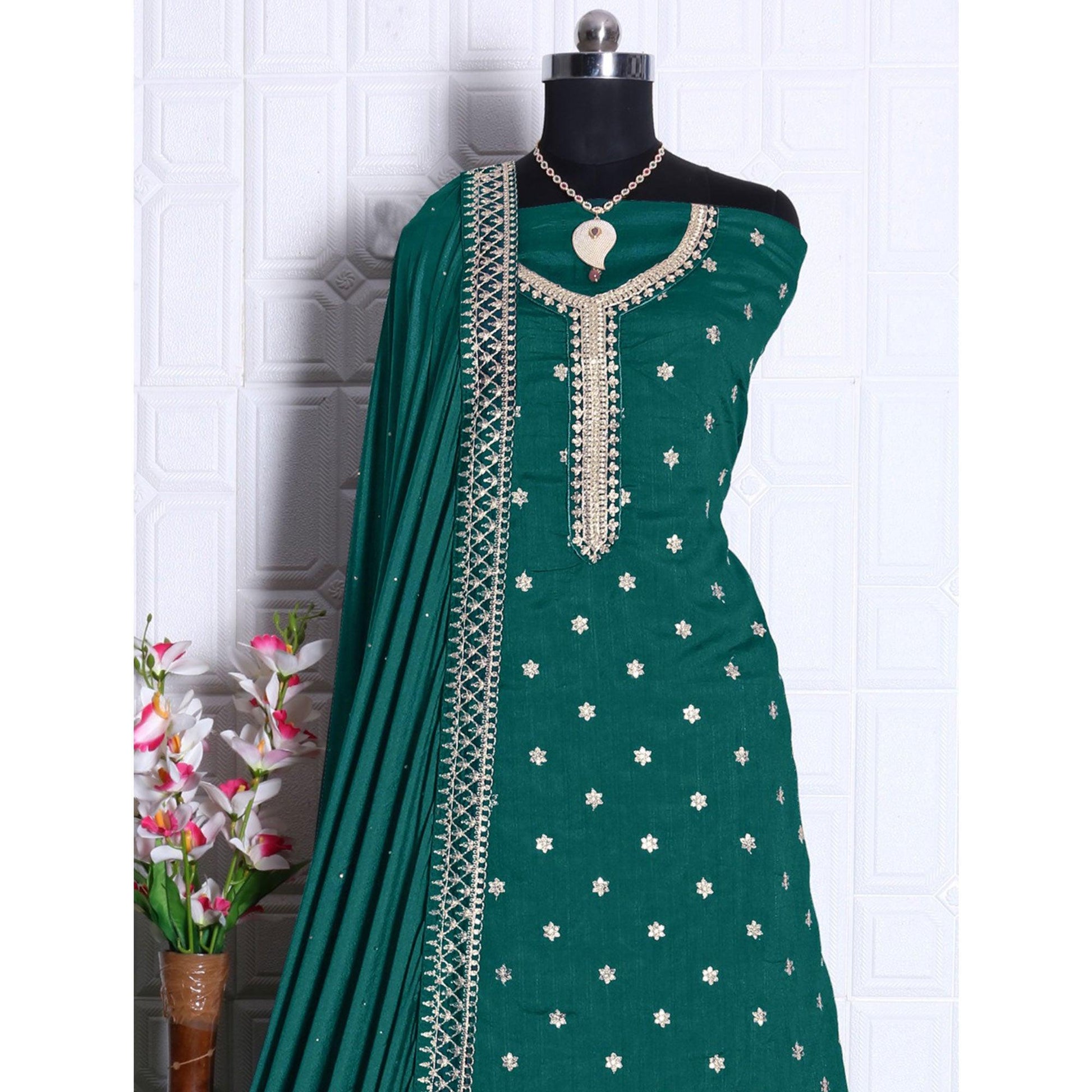 Bottle Green Partywear Embroidered Georgette Palazzo Suit