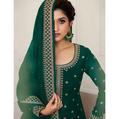 Bottle Green Partywear Embroidered Georgette Palazzo Suit