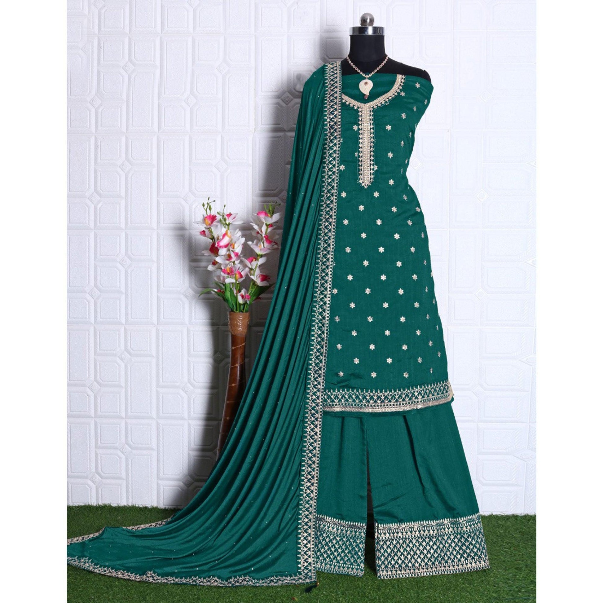 Bottle Green Partywear Embroidered Georgette Palazzo Suit
