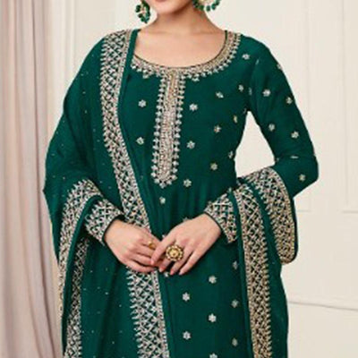 Bottle Green Partywear Embroidered Georgette Palazzo Suit