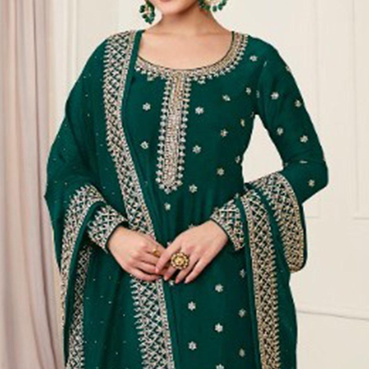 Bottle Green Partywear Embroidered Georgette Palazzo Suit