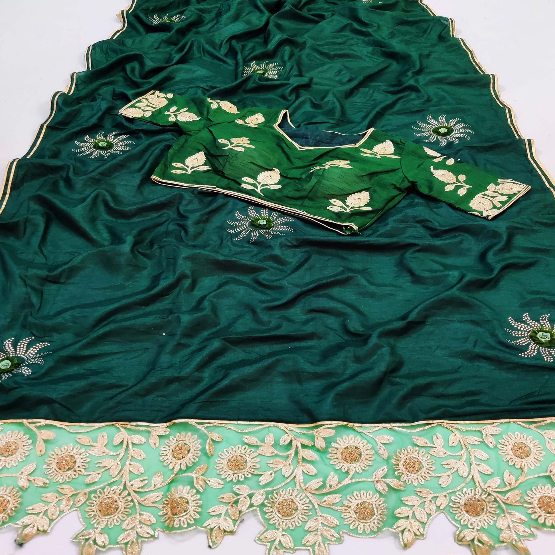 Bottle Green Partywear Embroidered Heavy Dola Silk Saree