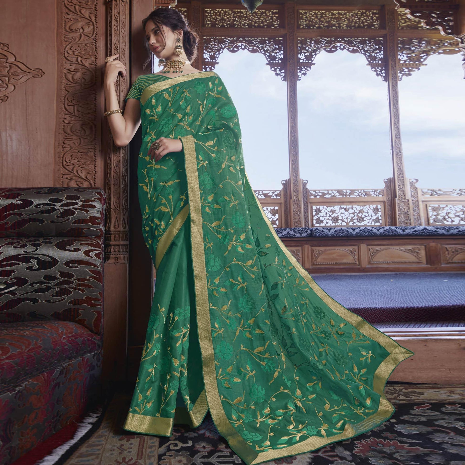 Bottle Green Partywear Embroidered Silk Saree