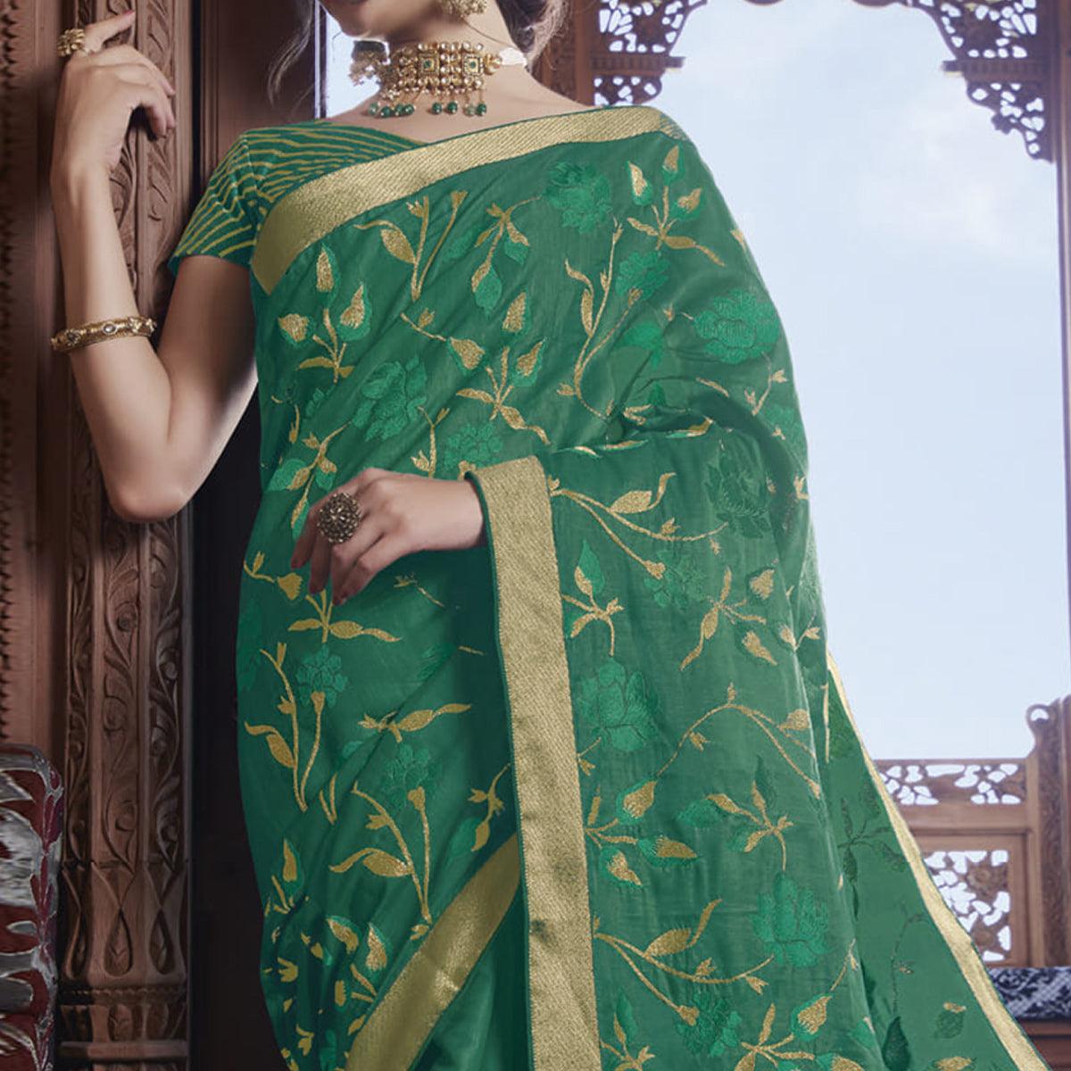 Bottle Green Partywear Embroidered Silk Saree