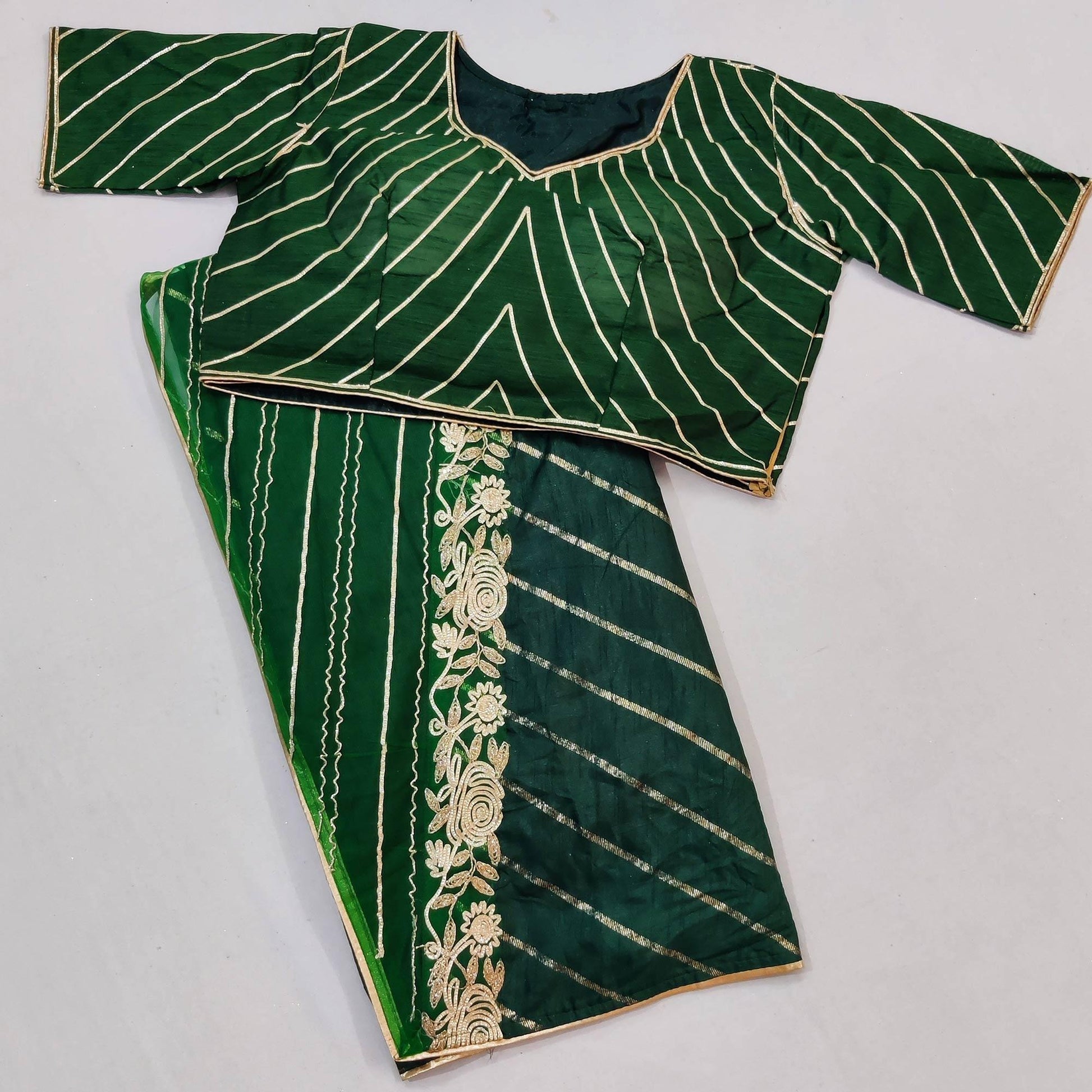 Bottle Green Partywear Floral Embroidered With Gotta Patti Dola Silk Saree