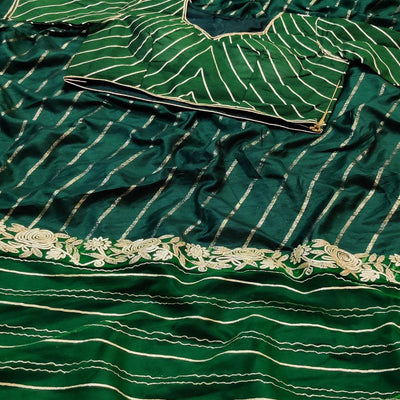 Bottle Green Partywear Floral Embroidered With Gotta Patti Dola Silk Saree