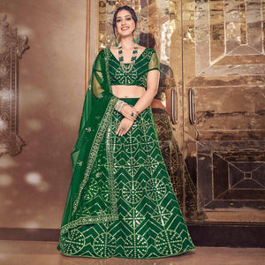 Bottle Green Partywear Thread Sequins Soft Net Lehenga Choli