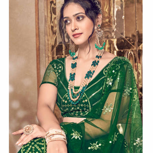 Bottle Green Partywear Thread Sequins Soft Net Lehenga Choli