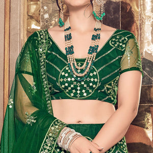 Bottle Green Partywear Thread Sequins Soft Net Lehenga Choli