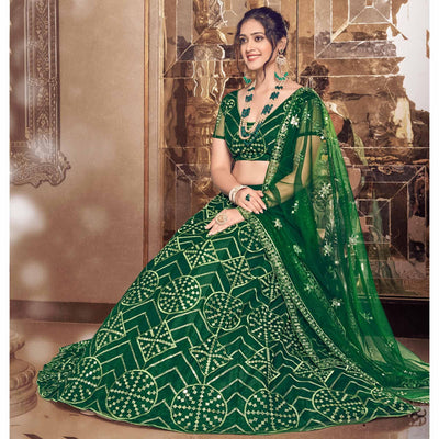 Bottle Green Partywear Thread Sequins Soft Net Lehenga Choli