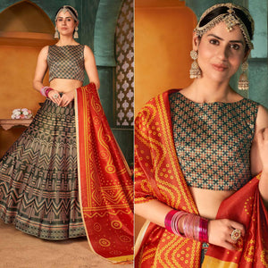 Bottle Green Printed Pure Silk Lehenga Choli