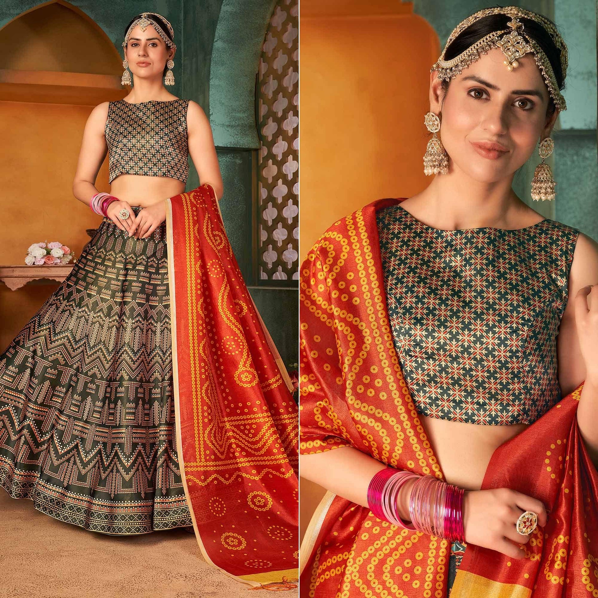 Bottle Green Printed Pure Silk Lehenga Choli